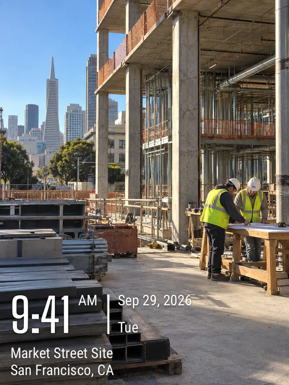 Construction site photo with a custom time and site address