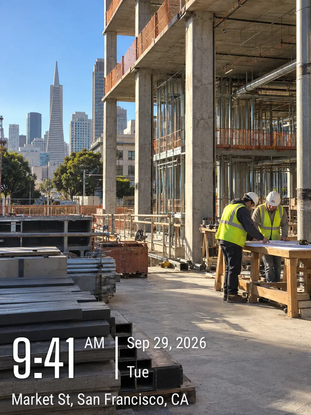 The same construction photo with a TimeFix timestamp and location