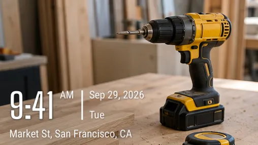A workbench photo with a clean time and address watermark