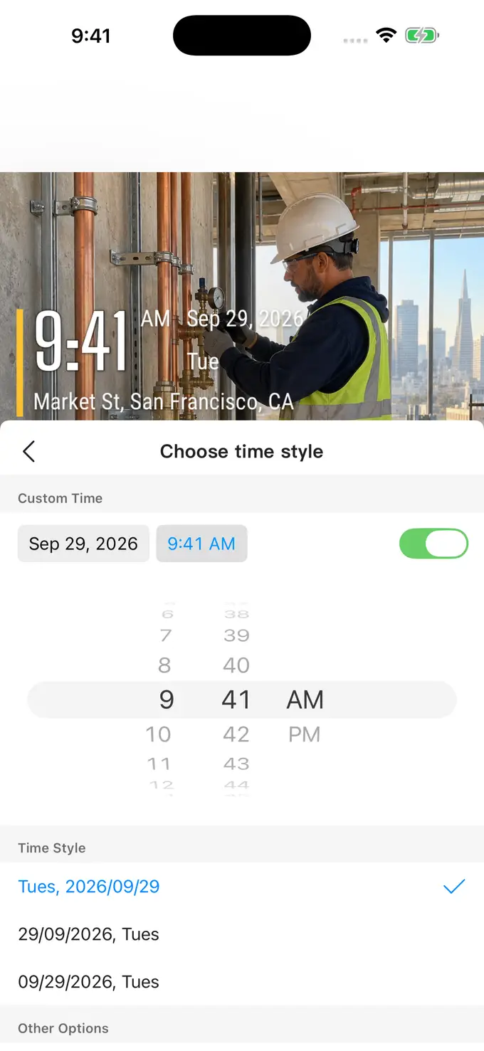 TimeFix custom date and time picker with a watermarked maintenance photo